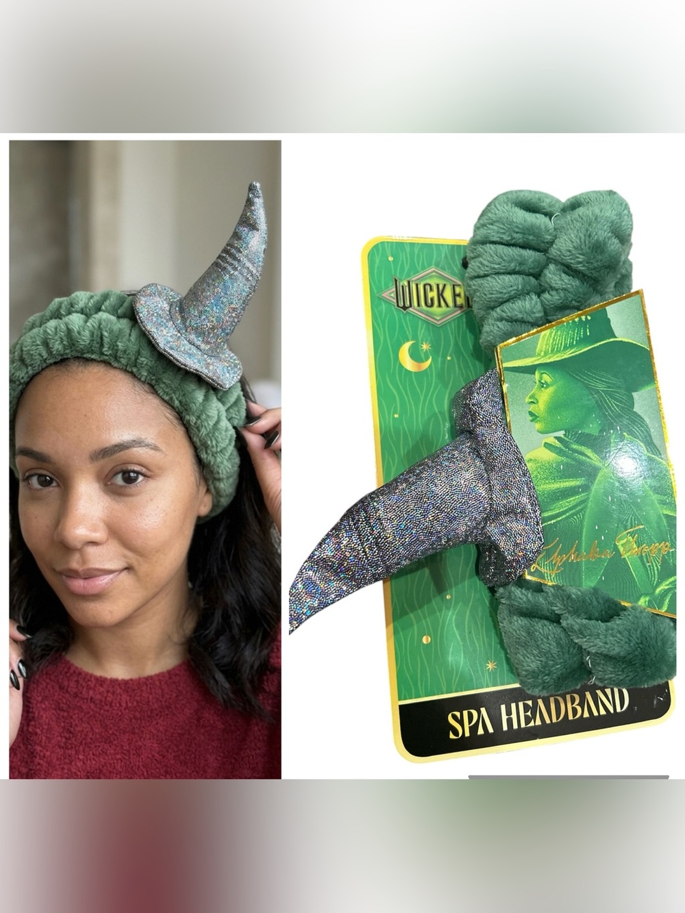 Wicked Movie Elphaba Green Plush Spa Headband with Glitter Witch Hat NWT
